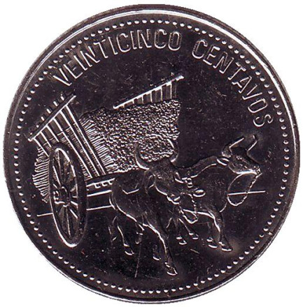 Монета 25 сентаво, 1990 год, Доминиканская Республика. UNC. Повозка, запряженная быками.