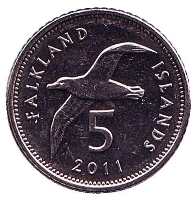 Монета 5 пенсов. 2011 год, Фолклендские острова. UNC. Чернобровый альбатрос.