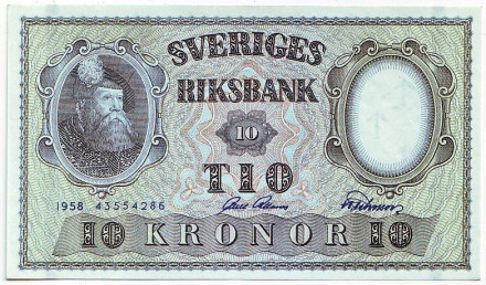 Банкнота 10 крон. 1958 год, Швеция. Тип 3.