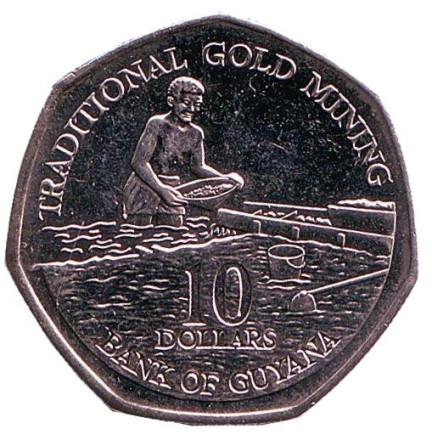 Монета 10 долларов. 2007 год, Гайана. Добыча золота.