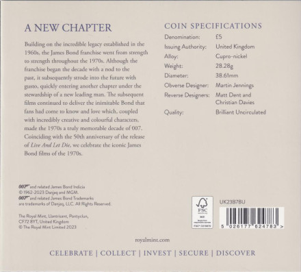Монета 5 фунтов. 2023 год, Великобритания. Джеймс Бонд, агент 007. Lotus Esprit. В буклете.