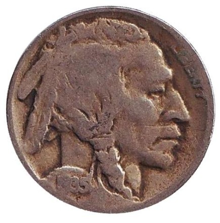 Монета 5 центов. 1935 год (D), США. Бизон. Индеец.