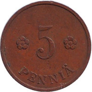 Монета 5 пенни. 1938 год, Финляндия. Монета 5 пенни. 1938 год, Финляндия.