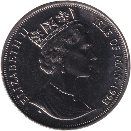 Монета 1 крона. 1998 год, Остров Мэн. 125 лет паровой железной дороге. Пассажиры в вагоне. Монета 1 крона. 1998 год, Остров Мэн. 125 лет паровой железной дороге. Пассажиры в вагоне.