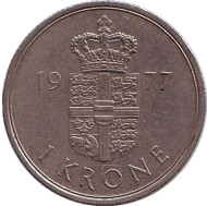 Монета 1 крона. 1977 год, Дания. Монета 1 крона. 1977 год, Дания.