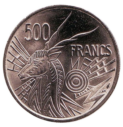 Монета 500 франков. 1976 год (A - Чад), Центральные Африканские штаты. UNC. Антилопа.