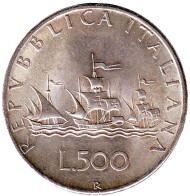 Монета 500 лир. 1958 год, Италия. Корабли Колумба. Монета 500 лир. 1958 год, Италия. Корабли Колумба.