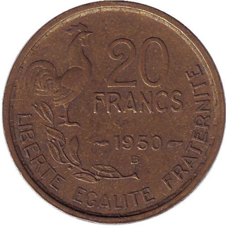 Монета 20 франков. 1950-В год, Франция. "G. Guiraud", 4 пера.