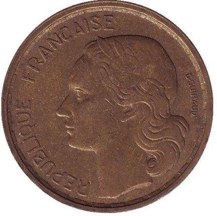 Монета 20 франков. 1950-В год, Франция. "G. Guiraud", 4 пера.