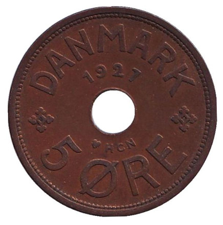 Монета 5 эре. 1927 год (HCN), Дания.