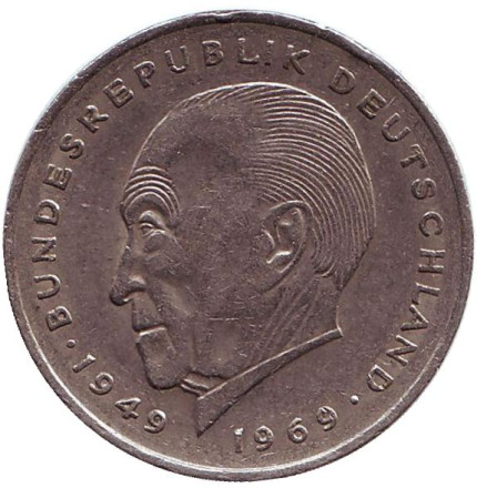Монета 2 марки. 1969 год (J), ФРГ. Конрад Аденауэр.