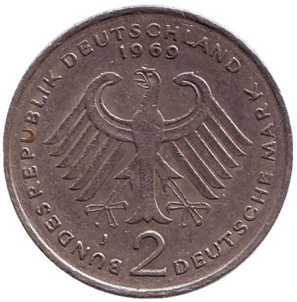 Монета 2 марки. 1969 год (J), ФРГ. Конрад Аденауэр. Монета 2 марки. 1969 год (J), ФРГ. Конрад Аденауэр.