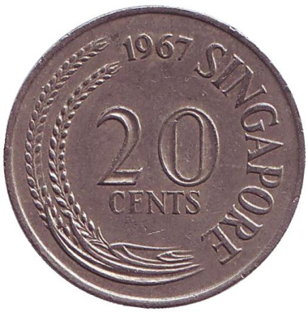 Монета 20 центов. 1967 год. Сингапур. Рыба-меч. Монета 20 центов. 1967 год. Сингапур. Рыба-меч.