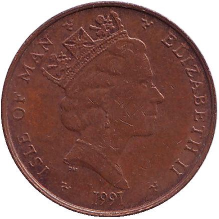 Монета 1 пенни, 1991 год, Остров Мэн. (AA прямые) Токарный станок.