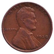 Монета 1 цент. 1938 год, США. (Без отметки монетного двора) Линкольн. Монета 1 цент. 1938 год, США. (Без отметки монетного двора) Линкольн.