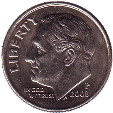 Монета 10 центов. 2008 (P) год, США. Рузвельт.