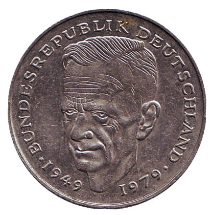 Монета 2 марки. 1986 год (F), ФРГ. Курт Шумахер.