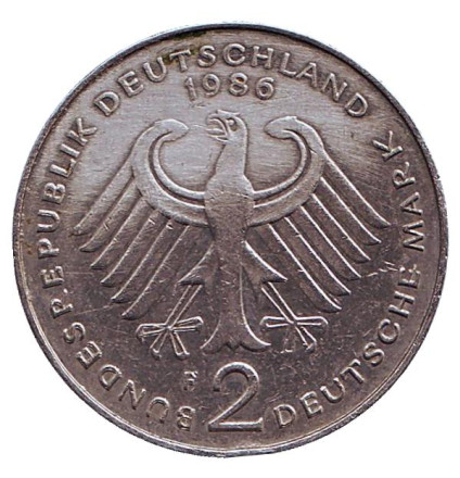 Монета 2 марки. 1986 год (F), ФРГ. Курт Шумахер. Монета 2 марки. 1986 год (F), ФРГ. Курт Шумахер.