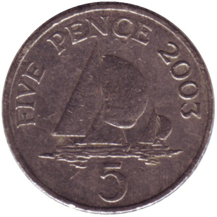 Монета 5 пенсов, 2003 год, Гернси. Парусники.