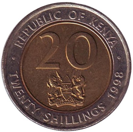 Монета 20 шиллингов. 1998 год, Кения. UNC. Монета 20 шиллингов. 1998 год, Кения. UNC.