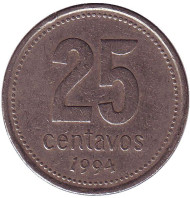 Монета 25 сентаво. 1994 год, Аргентина. (Тонкий шрифт). Ратуша Буэнос-Айреса. Монета 25 сентаво. 1994 год, Аргентина. (Тонкий шрифт). Ратуша Буэнос-Айреса.