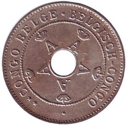 Монета 10 сантимов. 1922 год, Бельгийское Конго.