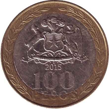 Монета 100 песо. 2015 год, Чили. Индеец Мапуче. Монета 100 песо. 2015 год, Чили. Индеец Мапуче.