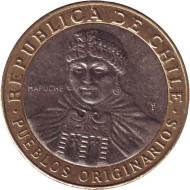 Монета 100 песо. 2015 год, Чили. Индеец Мапуче. Монета 100 песо. 2015 год, Чили. Индеец Мапуче.