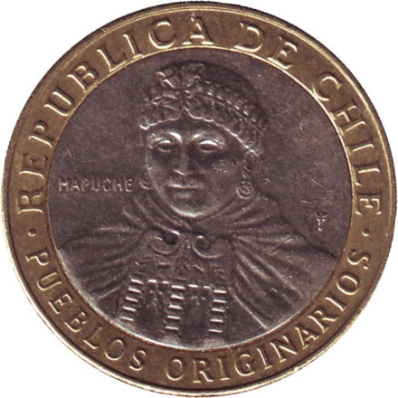 Монета 100 песо. 2015 год, Чили. Индеец Мапуче.