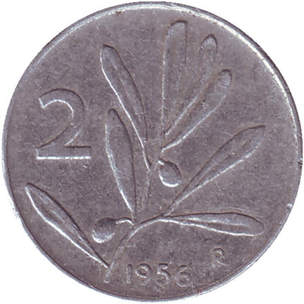 Монета 2 лиры. 1956 год, Италия. Медоносная пчела.