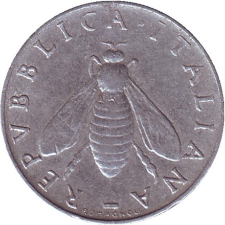 Монета 2 лиры. 1956 год, Италия. Медоносная пчела. Монета 2 лиры. 1956 год, Италия. Медоносная пчела.