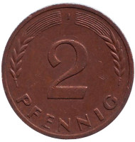 Монета 2 пфеннига. 1971 год (J), ФРГ. Дубовые листья. Монета 2 пфеннига. 1971 год (J), ФРГ. Дубовые листья.