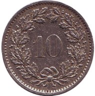 Монета 10 раппенов. 1972 год, Швейцария. Монета 10 раппенов. 1972 год, Швейцария.