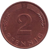 Монета 2 пфеннига. 1991 год (G), ФРГ. Дубовые листья. Монета 2 пфеннига. 1991 год (G), ФРГ. Дубовые листья.