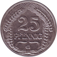 Монета 25 пфеннигов. 1909 год (G), Германская империя. Монета 25 пфеннигов. 1909 год (G), Германская империя.