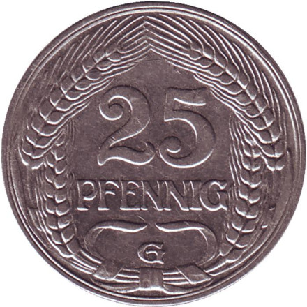 Монета 25 пфеннигов. 1909 год (G), Германская империя.