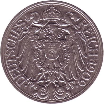 Монета 25 пфеннигов. 1909 год (G), Германская империя. Монета 25 пфеннигов. 1909 год (G), Германская империя.