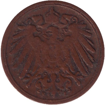 Монета 1 пфенниг. 1906 год (F), Германская империя.