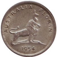 Королевский визит в Австралию. Монета 2 шиллинга (флорин). 1954 год, Австралия.