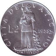 Монета 2 лиры. 1958 год, Ватикан. Монета 2 лиры. 1958 год, Ватикан.