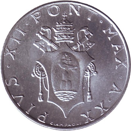 Монета 2 лиры. 1958 год, Ватикан. Монета 2 лиры. 1958 год, Ватикан.