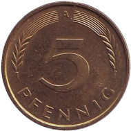 Монета 5 пфеннигов. 1991 год (A), ФРГ. Дубовые листья. Монета 5 пфеннигов. 1991 год (A), ФРГ. Дубовые листья.