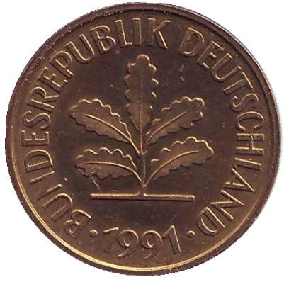 Монета 5 пфеннигов. 1991 год (A), ФРГ. Дубовые листья.