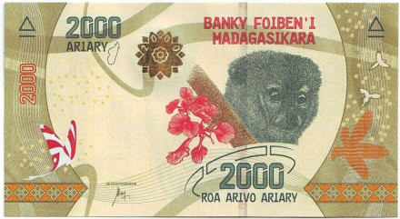 Банкнота 2000 ариари. 2017 год, Мадагаскар. Лемур.