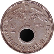 Монета 2 рейхсмарки. 1938 год, Германия (Третий Рейх). (F). Монета 2 рейхсмарки. 1938 год, Германия (Третий Рейх). (F).