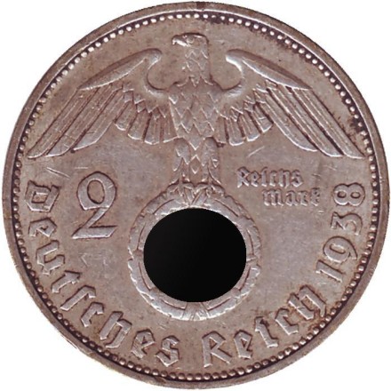 Монета 2 рейхсмарки. 1938 год, Германия (Третий Рейх). (F). Монета 2 рейхсмарки. 1938 год, Германия (Третий Рейх). (F).