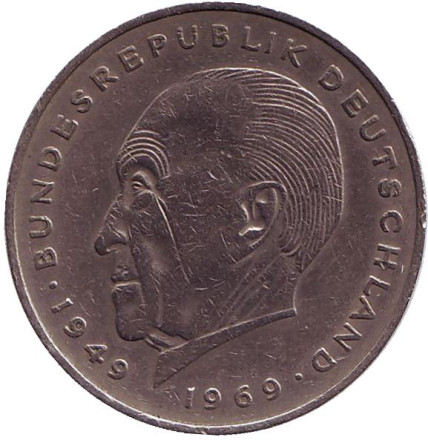 Монета 2 марки. 1974 год (F), ФРГ. Конрад Аденауэр.