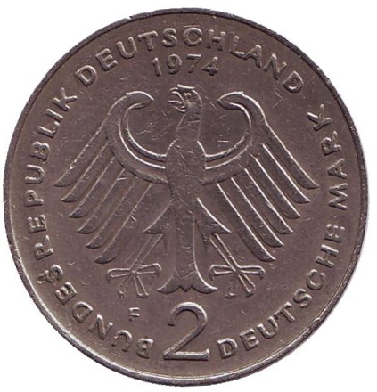 Монета 2 марки. 1974 год (F), ФРГ. Конрад Аденауэр. Монета 2 марки. 1974 год (F), ФРГ. Конрад Аденауэр.