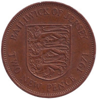 Монета 2 новых пенса. 1971 год, Джерси. Герб Джерси. Монета 2 новых пенса. 1971 год, Джерси. Герб Джерси.