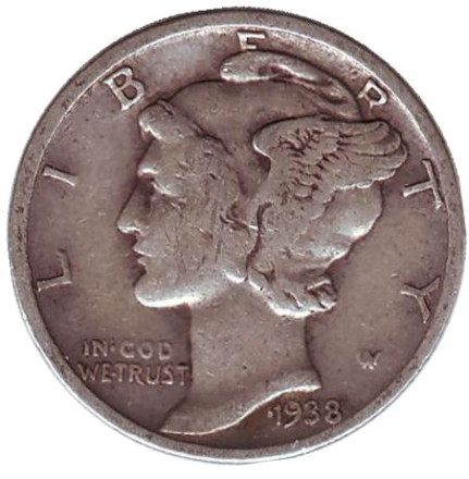 Монета 10 центов. 1938 год, США. Без обозначения монетного двора. Меркурий.